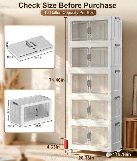 Slick 5 Tier Stackable Storage Bins With Removable Locking Covers And Clear Front Doors 415 QT Rolling Organizer Rock Solid Casters For Hella Spacious Home Wardrobe And Toy Clutter Management