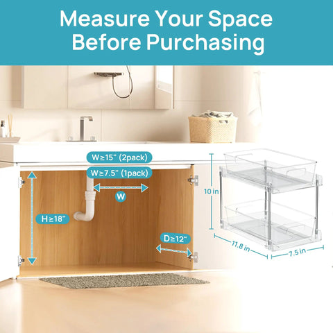 Pull Out Under Sink Organizer Set Of Four Slick Sliding Drawers Multi Purpose Cabinet Storage Tray dimensions with space measurements.