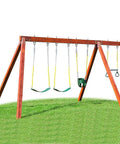 Rugged Heavy Duty Swing Mount Hardware Handles Insane Loads Without Playing Around For Porch Swings Yoga Hammocks And Punching Bags On Wood Or Steel Beams, shown with wooden frame and multiple swings.