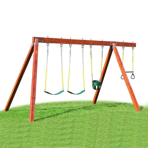 Rugged Heavy Duty Swing Mount Hardware Handles Insane Loads Without Playing Around For Porch Swings Yoga Hammocks And Punching Bags On Wood Or Steel Beams, shown with wooden frame and multiple swings.