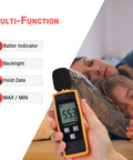 Portable Handheld Sound Level Meter For Indoor And Outdoor Noise Testing, 30 To 130 dB, Backlit LCD Display, Max Min Hold Functions, The No Nonsense Practical Little Tool For Noise Pollution Monitoring And Home Theater Setup near sleeping children