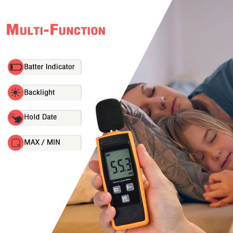 Portable Handheld Sound Level Meter For Indoor And Outdoor Noise Testing, 30 To 130 dB, Backlit LCD Display, Max Min Hold Functions, The No Nonsense Practical Little Tool For Noise Pollution Monitoring And Home Theater Setup near sleeping children