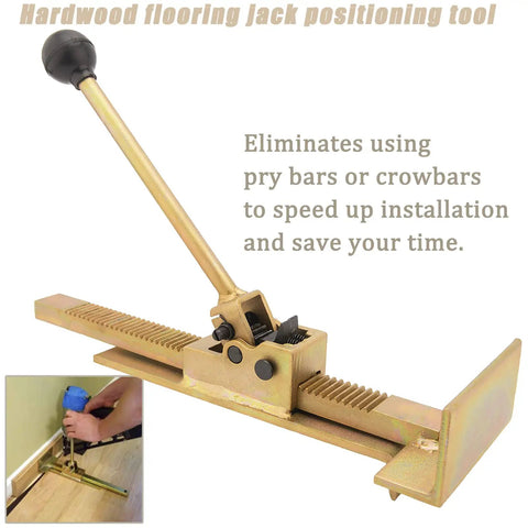 Flooring Jack For Hardwood Floors Pro Grade Positioning Tool DIY Friendly For Installing Straightening Laminate Wood Tile Floors Heavy Duty Steel Build Easy On Surfaces, golden steel tool with leverage handle and floor alignment base.
