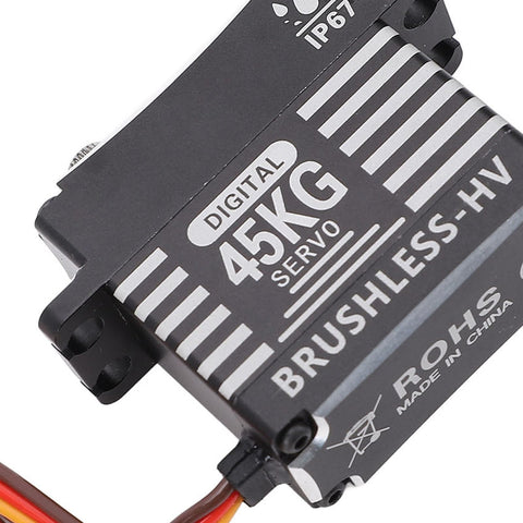 Hardcore Brushless Servo Featuring Heavy Duty Metal Gears And Aluminum Body 45Kg Torque No Sweat Performance Compact Fit For RC Cars Trucks and Off Road Rigs close-up view of digital 45kg servo with steel internals.