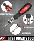 Close-up of a ratcheting handle from the 124 Piece Magnetic Screwdriver Set With Ratcheting Handles Includes Slotted Phillips Pozidriv Hex Torx And Precision Bits Plus Nut Drivers And A Storage Rack For Grab And Go Home And DIY Projects Made From Durable Chromium Vanadium Steel.