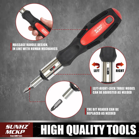 Close-up of a ratcheting handle from the 124 Piece Magnetic Screwdriver Set With Ratcheting Handles Includes Slotted Phillips Pozidriv Hex Torx And Precision Bits Plus Nut Drivers And A Storage Rack For Grab And Go Home And DIY Projects Made From Durable Chromium Vanadium Steel.