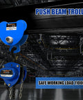 Half Ton Steel Push Beam Trolley for I-Beam, 1100 Lbs Capacity shown in warehouse setting