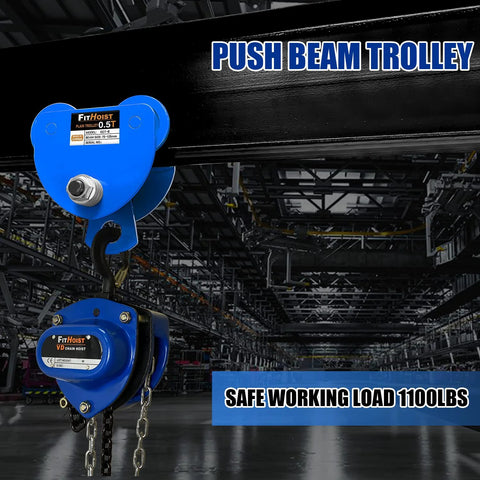 Half Ton Steel Push Beam Trolley for I-Beam, 1100 Lbs Capacity shown in warehouse setting