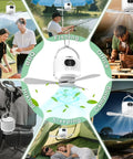 Collage showing Ultra Portable Camping Fan With 10400mAh Battery in use while fishing, camping, hiking, and sleeping outdoors.