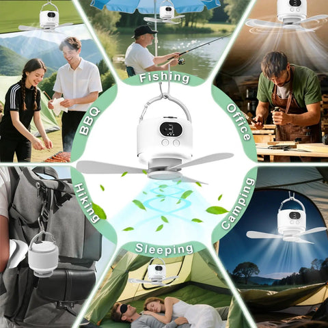 Collage showing Ultra Portable Camping Fan With 10400mAh Battery in use while fishing, camping, hiking, and sleeping outdoors.