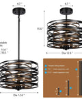 12.6 Inch Farmhouse Chandelier For Dining Room with industrial metal hanging light fixture, rustic black drum pendant, adjustable height details.