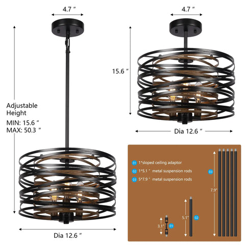 12.6 Inch Farmhouse Chandelier For Dining Room with industrial metal hanging light fixture, rustic black drum pendant, adjustable height details.