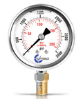 Carbo Instruments pressure gauge, 2.5 in dial, 3000 psi/Bar dual scale, 1/4 NPT lower mount, stainless steel case