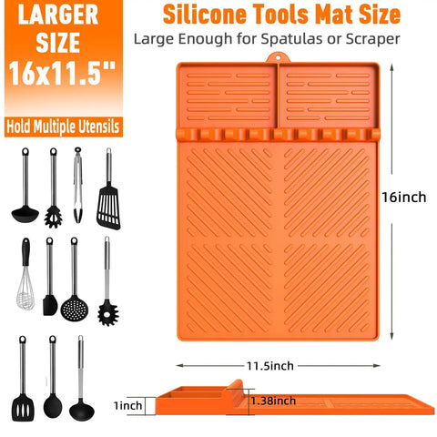 Premium Silicone Grill Mat Sixteen By Eleven Point Five Inches For Griddle Grillin Spatula Mat With Drip Pad Utensil Organizer