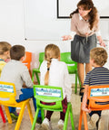 Children seated on colorful chairs with 60 Pack Ocean Themed Sea Animal Name Tag Stickers For Back To School Marine Life Adhesive Labels.