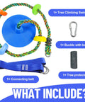 Kid Friendly Outdoor Swing Set With Disc Seat Climbing Rope And Platform Heavy Duty Tree Swing Kit Includes Carabiner 4 Ft Tree Straps And Tree Protector Safe Backyard Playground Must Have For Active Fun shown with components including disc seat, climbing rope, carabiner, and tree protector.