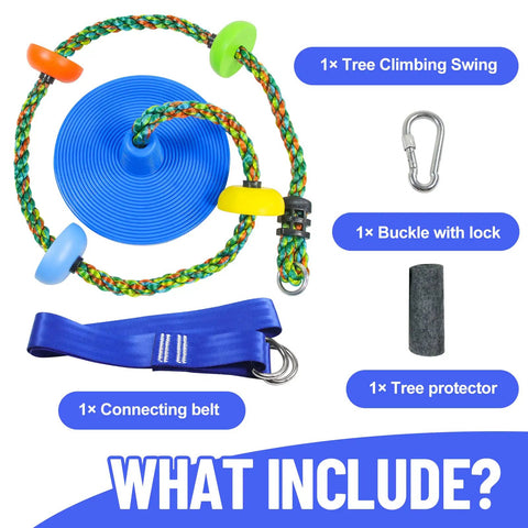 Kid Friendly Outdoor Swing Set With Disc Seat Climbing Rope And Platform Heavy Duty Tree Swing Kit Includes Carabiner 4 Ft Tree Straps And Tree Protector Safe Backyard Playground Must Have For Active Fun shown with components including disc seat, climbing rope, carabiner, and tree protector.