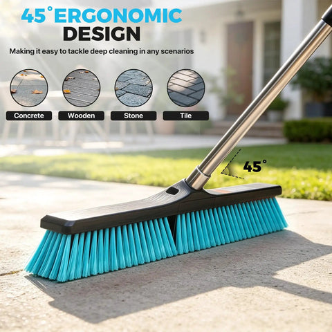 24 Inch Heavy Duty Push Broom With Stainless Steel Handle For Outdoor Commercial Sweeping And Patio Cleanup, angled ergonomic design for easy cleaning on various surfaces.