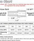 Size chart and assembly instructions for 4 Pack Brass Hose Barb Fittings 1/4 Inch Barb To 1/8 NPT Male Thread Air Hose Fittings Quick Coupler M Type Adapter Connector Beefy Durability 300 PSI Max Minus 40 To 160 F Durable CA360 Brass