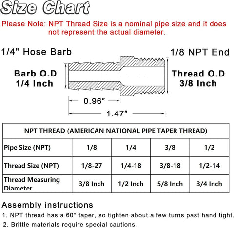 Size chart and assembly instructions for 4 Pack Brass Hose Barb Fittings 1/4 Inch Barb To 1/8 NPT Male Thread Air Hose Fittings Quick Coupler M Type Adapter Connector Beefy Durability 300 PSI Max Minus 40 To 160 F Durable CA360 Brass