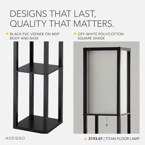 Tall Square Floor Lamp With Three Tier Open Shelves And Black Base Featuring Soft Fabric Shade for cozy warm ambient lighting.