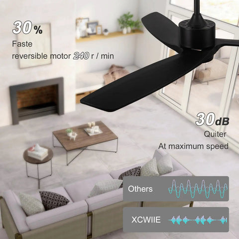 52 Inch Black Outdoor Ceiling Fan With Light And Remote For Patio, Modern Three Blade Design in living room