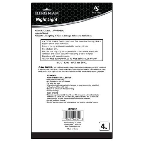 Back of Night Light Wall Plug In With On Off Switch Warm White UL Listed 120V 4W Two Pack packaging showing specifications