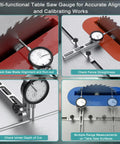 Image showing multi-functional table saw gauge checking saw blade alignment and run-out, fence straightness, and jointer depth.