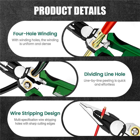 Close-up of Heavy Duty 8-in-1 Wire Stripper Pliers With Built-In Voltage Tester showing four-hole winding and wire stripping design.
