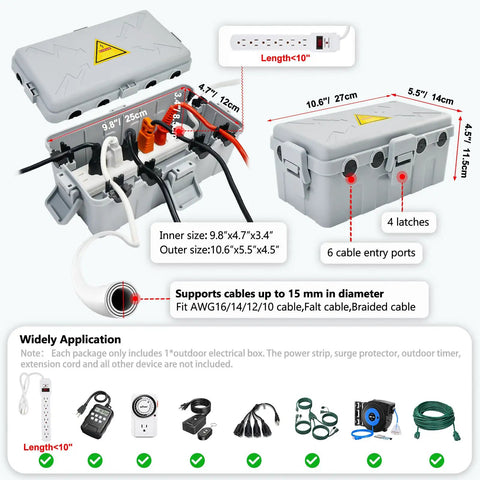Heavy Duty Weatherproof Outdoor Electrical Box And Extension Cord Cover With Six Rugged Cable Ports Built Different To Keep Your Power Strips Timers And Holiday Strings Drip Free Year Round, showing multiple cable entry ports and dimensions.
