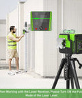Laser Level Receiver With Pulse Mode For All Pro And Everyday Laser Levels, A Real Workhorse, Accurate Plus Or Minus One Seventeenth Inch, Up To 200 Ft Range, Green And Red Beams, Two Sided LED Prompt, Magnetic Mount, And Clamp Included on tripod, with clamp attached