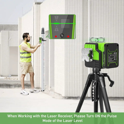 Laser Level Receiver With Pulse Mode For All Pro And Everyday Laser Levels, A Real Workhorse, Accurate Plus Or Minus One Seventeenth Inch, Up To 200 Ft Range, Green And Red Beams, Two Sided LED Prompt, Magnetic Mount, And Clamp Included on tripod, with clamp attached