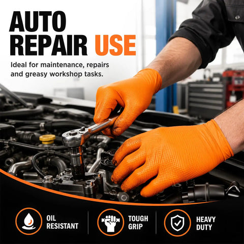 Rock Solid 8 Mil Orange Nitrile Work Gloves 100 Pack Medium Chemical Resistant Disposables For Tradesmen And Industrial Jobs Snag Free Triple Build For Workers Crushing The Daily Grind And Top Notch Grip used for auto repair tasks.