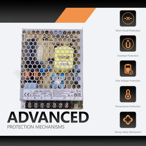 Lrs-100-5 90W 5V 18A Enclosed AC DC Power Supply showing internal components with protection features.