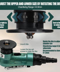Mini Pneumatic Chamfering Tool, Handheld Air Deburring Machine for 45 Degree Arc with adjustable disc for chamfer size.