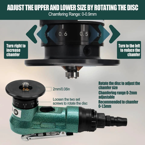 Mini Pneumatic Chamfering Tool, Handheld Air Deburring Machine for 45 Degree Arc with adjustable disc for chamfer size.