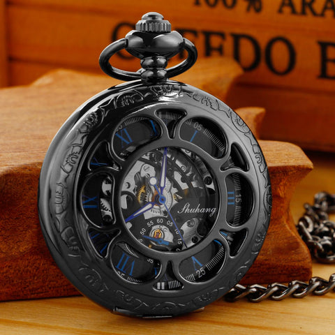 Mechanical Skeleton Pocket Watch For Men, Black Roman Numerals, Old School Antique Look, Chain Included, Easy Read Time Without Opening Lid, Durable Mens Pocket Watch