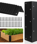 Built Tough Rust Resistant Metal Raised Bed Corner Brackets Set For 12 To 24 Inch Wood Planter Boxes Flower Beds Vegetable Gardens Furniture And Sandbox Use 12 Pcs L Shape Brackets, showing steel L-shape brackets, screws, and assembled wooden bed with plants.
