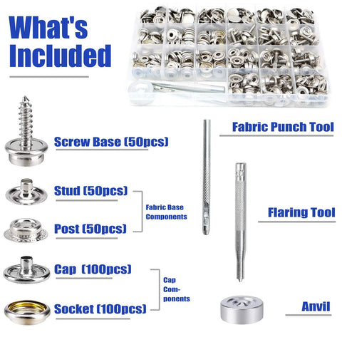 All In One Marine Grade Canvas Snap Kit For Boat Repair With 353 Pieces, Stainless Steel Caps Sockets Posts Studs And Screws included