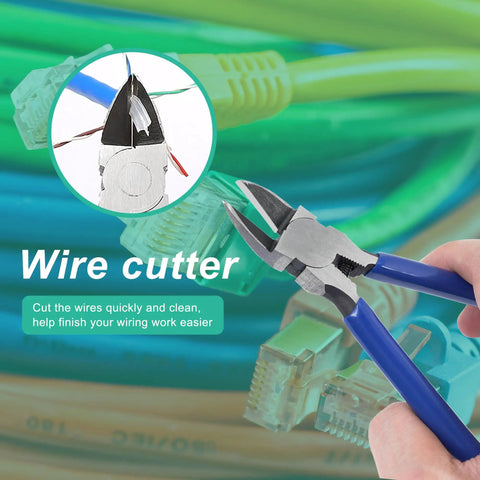 Pass Through RJ45 Crimp Tool Kit With Cable Tester featuring wire cutter close-up with blue handles and Ethernet cables.
