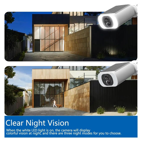 5MP 4G Solar Outdoor Security Camera Featuring Sharp Human Detection And Always On Deck Color Night Vision For Dependable All Day Remote Monitoring Plus Instant Alerts Straight To Your Phone mounted outside a home.