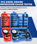 17-piece diesel engine compression tester kit with blue and red cases; includes pressure gauges and hoses
