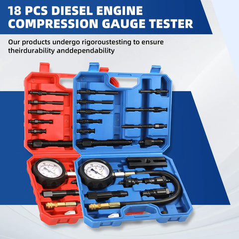 17-piece diesel engine compression tester kit with blue and red cases; includes pressure gauges and hoses