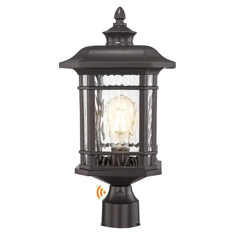Outdoor Post Mount Light With Dusk To Dawn Sensor In Oil Rubbed Bronze Water Ripple Glass Lantern For Patio And Garden