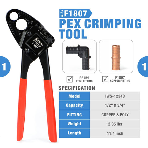 Angle PEX Crimping Tool Kit For One Half Inch And Three Quarter Inch PEX Rings With Go No Go Gauge And PEX Pipe Cutter Includes Copper Rings Fits US F1807 Standards Pro Grade PEX Plumbing Set with red handles and specification details.