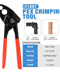 Combo Angle Head PEX Crimp Tool For One Half Inch And Three Quarter Inch Copper Crimp Jaw Sets with Go No Go Gauge shown with fittings.