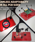 Magnetic Third Hand Soldering Tool Set With Four Arms Large PCB Clamp Holder on red base with electronic boards