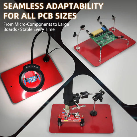 Magnetic Third Hand Soldering Tool Set With Four Arms Large PCB Clamp Holder on red base with electronic boards