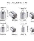 4 Sizes Stainless Steel Cord End Caps Set For Jewelry Making, 40 Pcs Total, End Caps For Leather Cord And Rope, displayed with measurements