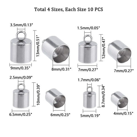 4 Sizes Stainless Steel Cord End Caps Set For Jewelry Making, 40 Pcs Total, End Caps For Leather Cord And Rope, displayed with measurements